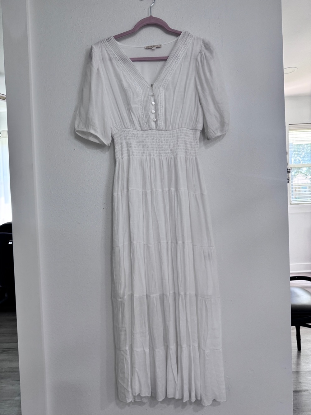 Kings Road White Boho Tiered Maxi Dress Smocked Waist Crochet Trim Small